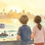 孩子们在海边眺望澳洲城市天际线的插画