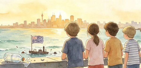 孩子们在海边眺望澳洲城市天际线的插画
