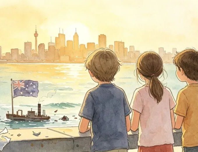 孩子们在海边眺望澳洲城市天际线的插画