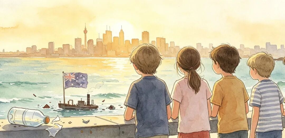 孩子们在海边眺望澳洲城市天际线的插画